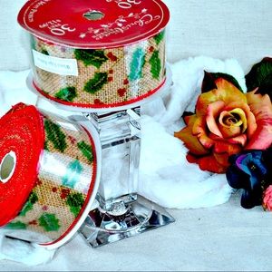 NWT 2 burlap wired with holly print